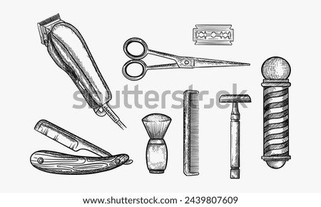 Vector illustration of a barbershop tools collection set. Barber shop instruments. Barber pole, scissors, perfume, comb, shaving brush, straight razor, Electric Clipper, hair brush Vintage hand drawn