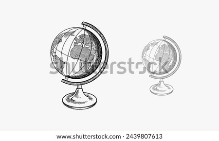 Globe on the stand. Hand drawing vector sketch monochrome illustration.