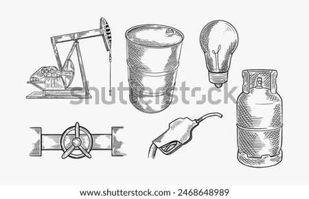 Doodle style oil and gas energy sketch in vector format. Set includes gas pump, oil well, light bulb, and barrel.