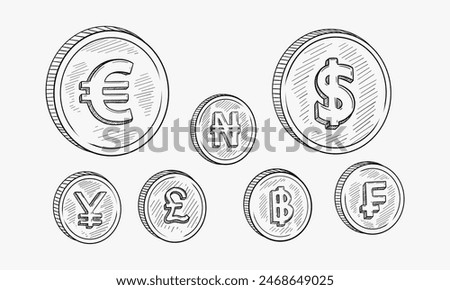 Doodle style international currency symbol coins. Set includes American Dollar, Cent, Euro, French Franc, Japanese Yen, and British Pound Sterling. Vector format.