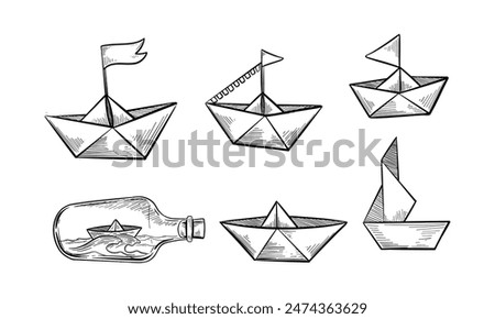 Set of paper boats. Paper boat in the bottle with wave. Vector sketch.