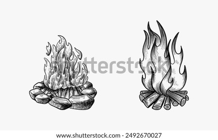 Bonfire Camping Hand Drawn logo template, Bonfire sketch hand drawn engraving style Vector illustration