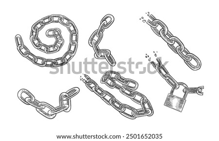 Sketches of chain links and lock. Set of isolated hand drawn icons of broken metal chain with padlock or locker. Prison or guard, bike bond. Connect and metal, connection element and guard equipment