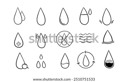 A set of hand-drawn water drop icons in black outline style.