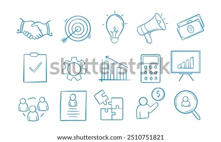 A set of hand-drawn blue icons depicting various business concepts including teamwork, finance, and growth.