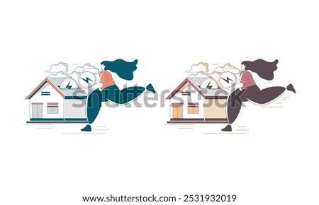 A stylized illustration of a woman carrying a lightning bolt running towards a house.