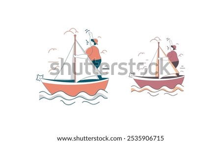 Two cartoon illustrations of a person in red clothing sailing on a boat, with one on each side of the image.