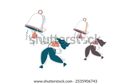 Two stylized illustrations of women pulling ropes attached to bells, one colored and one outlined.