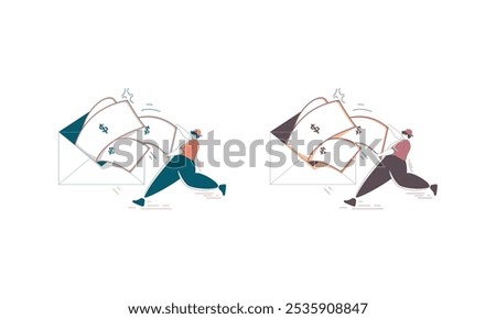 Two cartoon people are running and carrying envelopes filled with dollar bills.