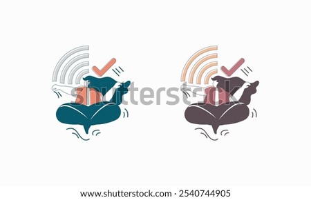 Two flat style illustrations of a female character with wifi signals and checkmarks above her head.