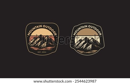 Two circular mountain logos with sunset, text, and established date.