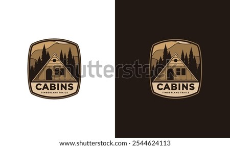 A logo design depicting a cabin in the woods with 