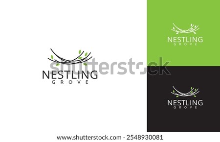 Nestling Grove Logo: Abstract Nest with Green Leaves and Company Name