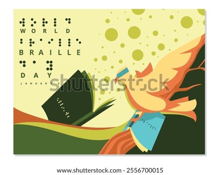 World Braille Day Celebrated With A Bird And Books background, An illustration commemorating World Braille Day featuring a bird holding books with braille script.