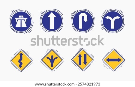 set of stylized road signs depicting various directional instructions for drivers including highway access and merging lanes.