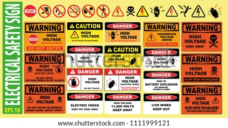 SET OF ELECTRICAL SAFETY SIGN - (high voltage, electric fence, do not touch, keep away, hazardous, restricted area, keep out, live wires, do not enter, shock burn)