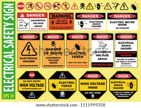 SET OF ELECTRICAL SAFETY SIGN - (high voltage, electric fence, do not touch, keep away, hazardous, restricted area, keep out, live wires, do not enter, shock burn)