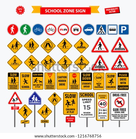 Set of school sign zone, pedestrian, and other street school zone. 