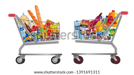 set of isolated Shopping trolley full of food, fruit, products and grocery goods