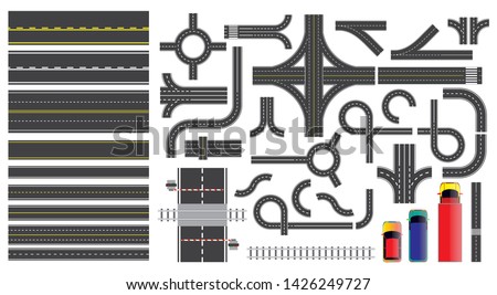 set of road parts with dashed line, roadside marking, intersections junction and crosswalk. easy to modify