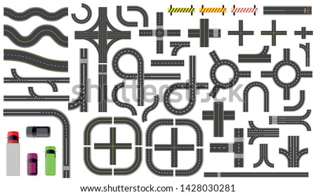 set of road parts with dashed line, roadside marking, intersections junction and crosswalk