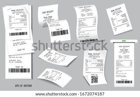 set of realistic cash register sales receipt isolated or cash receipt printed white paper or printout thermal rolled paper. eps vector