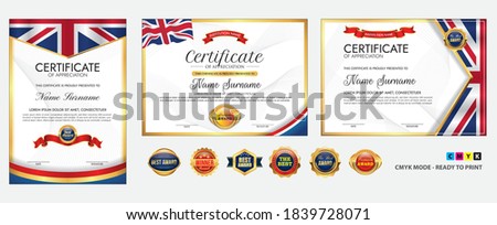 Diploma certificate template with luxury and glamour style, or certificate with gold badge, or Diploma certificate template with UK flag wave theme . eps vector cmyk mode 