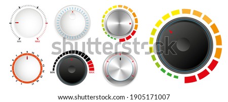 set of plastic volume knob or realistic metallic control knob or round dial regulator knob concept. eps 10 vector