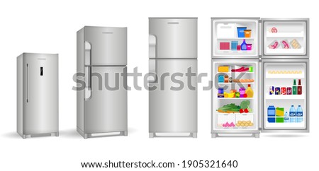 set of realistic refrigerator with one door or open refrigerator with two doors full of food vegetable meat fish or fridge refrigerator mockup. eps 10 vector