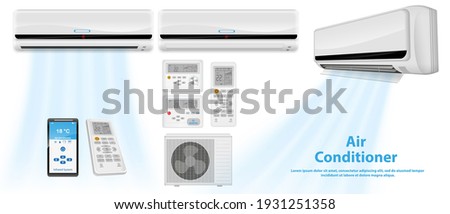 set of realistic air conditioner or split air conditioner system with remote or temperature air conditioner for office or air conditioner with mobile application control. eps 10 vector