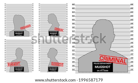 set of criminal mug shot line police isolated or police line up mug shot silhouette or anonymous criminal mug shot template with scale ruler on background. eps vector