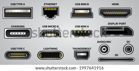 set of computer connectors or usb universal connector symbols or various usb plug connector mini micro lightning type concept.  eps vector