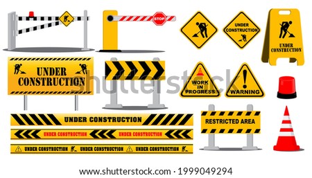 set of road barrier highway sign or under construction site warning or barricade block highway street concepts. eps vector 