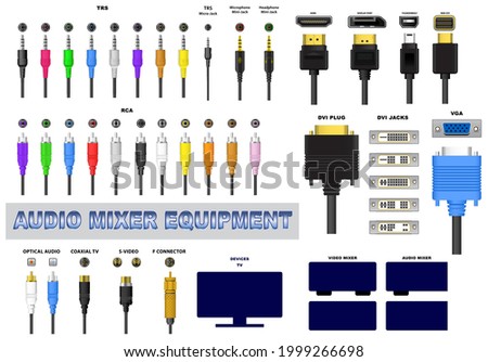 set of realistic audio mixer connectors isolated or various audio jack plug for sound system or usb universal audio mixer connector component concept. eps vector