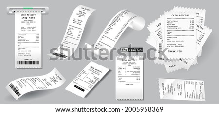 set of realistic cash register sales receipt isolated or cash receipt printed white paper or printout thermal rolled paper. eps vector