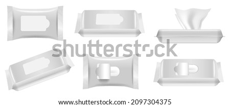 set of realistic white wet wipe napkins or white packaging wet wipe isolated or blank template wet wipe. eps vector
