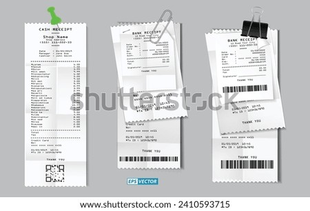 set of register sale receipt or cash receipt printed on white paper concept. eps vector 