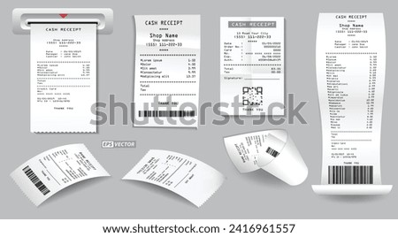 set of register sale receipt or cash receipt printed on white paper concept. eps vector 