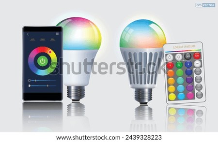 Realistic Smart Wifi LED bulb mockups with Smartphone and Remote. Eps