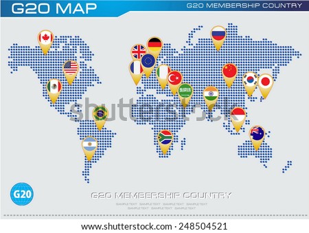 G20 country flags with worldmap or flags of G20 membership (economic G20 country flag) illustration