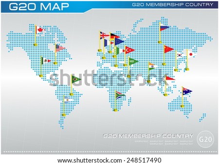 G20 country flags with dotted world map or flags of the world (economic G20 country flag) illustration
