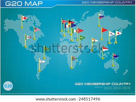 G20 country flags with dotted world map or flags of the world (economic G20 country flag) illustration