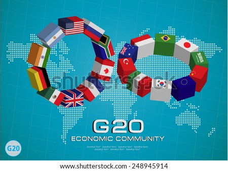 G20 country in 3D flags style with dotted world map or flags of the world (economic G20 country flag) illustration
