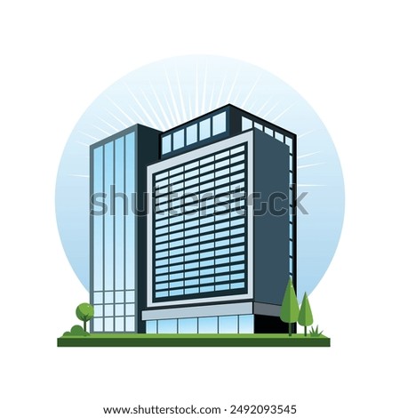 An illustration of a modern skyscraper, featuring a tall central building flanked by two smaller buildings. The image is set against a blue sky with clouds, and a green foreground with trees, represen