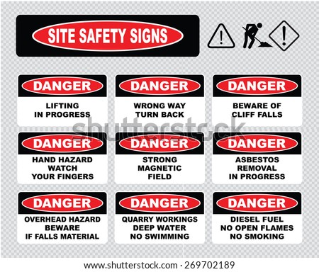 Site Safety Signs (lifting in progress, wrong way turn back, beware cliff falls, hand hazard, strong magnetic field, asbestos removal in progress, overhead hazard, quarry workings, diesel fuel).