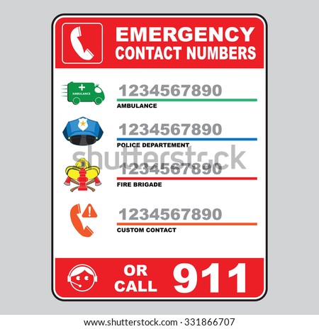 Emergency Call Number Sign (Ambulance, Police Department, Fire Brigade ...