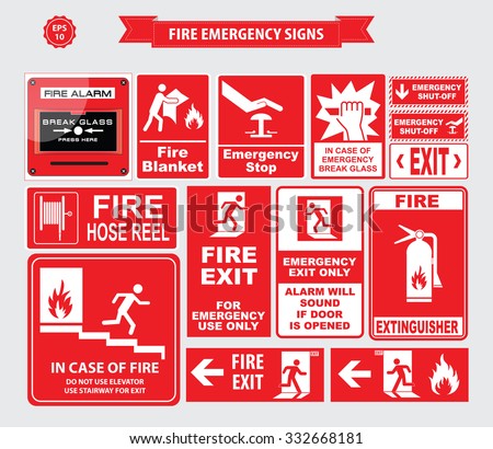 Fire Emergency signs (emergency shut-off, break glass, alarm sound, hose reel, fire alarm)