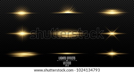 Set of flashes, lights and sparks. Abstract golden lights isolated on a transparent background. Bright gold flashes and glares. Bright rays of light. Glowing lines. Vector illustration. EPS 10 Stockfoto © 