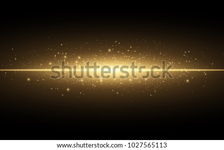 Abstract stylish light effect on a black background. Gold glowing neon line. Golden luminous dust and glares. Flash Light. luminous trail. Vector illustration. EPS 10