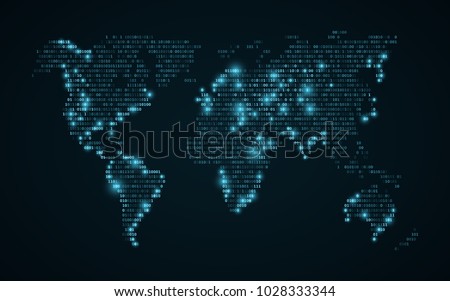 Abstract world map of binary code. Glowing map of the earth. Dark blue background. Blue lights. High tech. Sci-fi technology. Programming, big data. Global network. Vector illustration. EPS 10